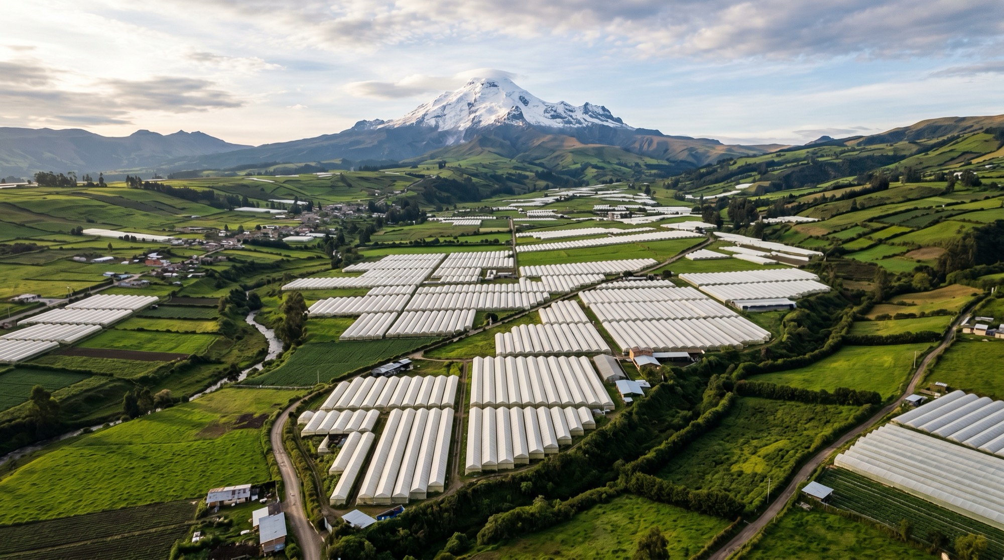 La finca de rosas e invernaderos de Ecuagarden en el alto valle andino de Tabacundo, Ecuador