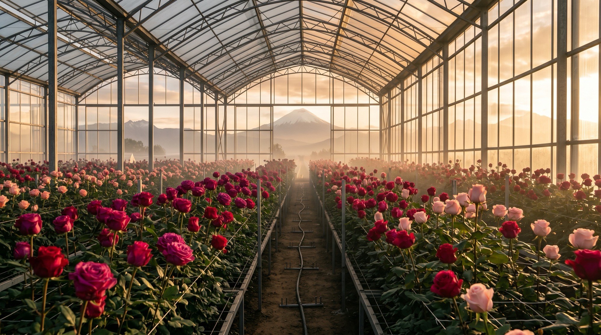 Filas de rosas premium dentro de un invernadero de Ecuagarden con los Andes al fondo