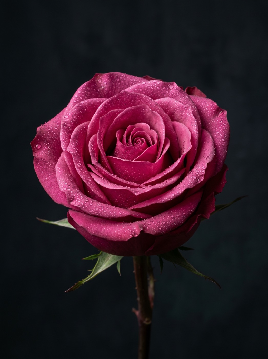 Una sola rosa magenta de Ecuagarden cubierta de rocío sobre fondo oscuro